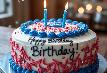 Large cake intricately decorated, blue rim, Civitai logo, 2 blue candles on it, shallow depth of field, party glitter in the air. Text in handwritten font "Happy Birthday!" On cake