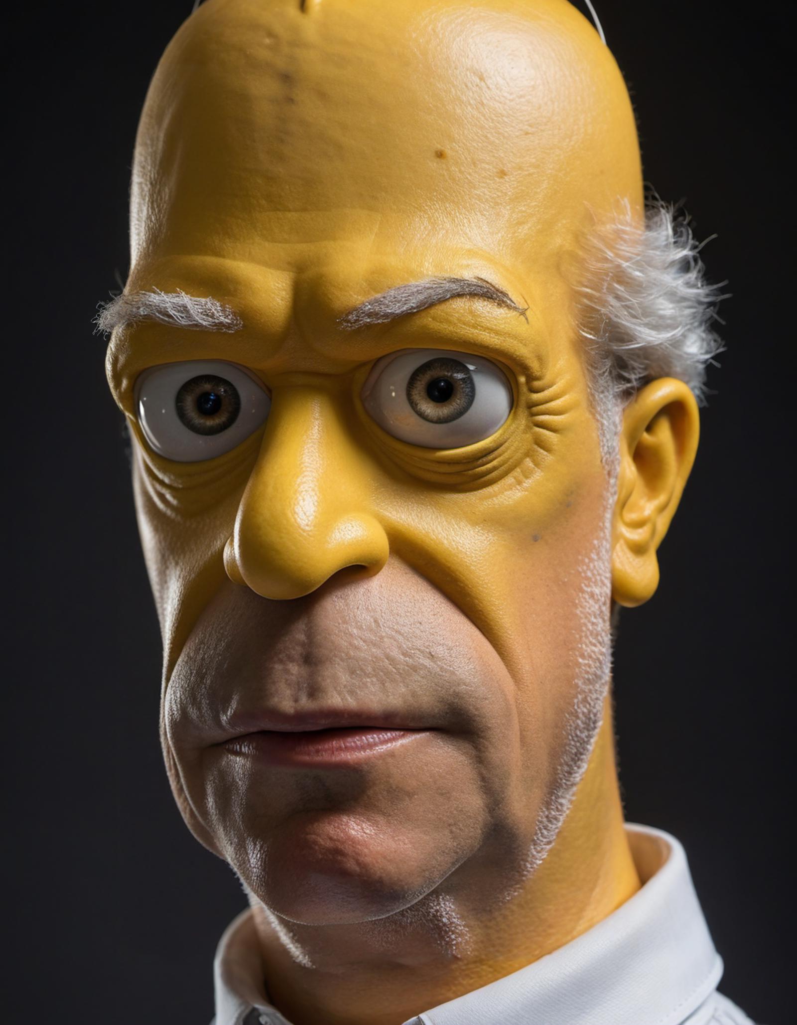 A Simpsons Bust with a Yellow Face and White Hair.