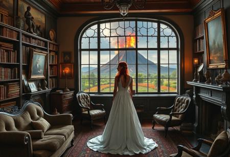 An old style 1800's library with old furniture, a large amount of books on shelves with an assortment of artifacts on shelves, some paintings on the wall, and a lit fireplace. There is a large wall sized window looking out into a beautiful garden with an erupting volcano background. In the middle of the room, a single red haired, green eyed woman in a white wedding dress is looking out the window crying.