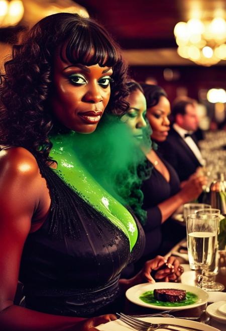 ()Hyoer Realistic:2.0)Polaroid picture of 
 image of an upscale steakhouse, where( a group of Beautiful mature, busty black women, each with a voluptuous figure :1.85) gather around a lavish table, (savoring their juicy steaks:1.50). Unbeknownst to them, the (restaurant's steak is infused with a green, hypnotic glowing slime:1.85) that seeps into their minds.
As they dine, (their ((eyes glaze over)), and they become entranced, their faces slackening into a serene, obedient expression:2.45). The waitress, aware of the gel's effects, subtly guides them to leave extravagant tips, far exceeding the total bill.
