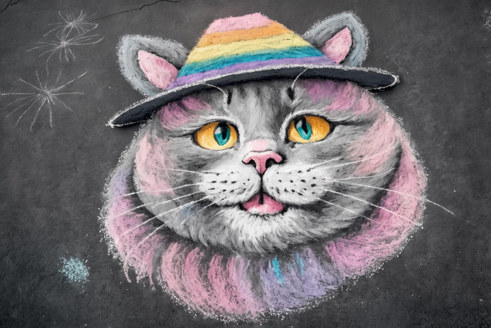 A colorful drawing of a cat wearing a hat.