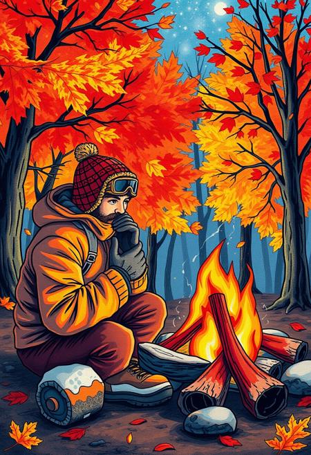 "Image of a serene campfire scene, surrounded by vibrant autumn trees with leaves in shades of orange, yellow, and red. A man dressed in warm winter survival gear, including a hat and gloves, is huddled next to the fire, warming his hands and face. The fire crackles and spits, casting a warm glow over the scene. The image is created with colored pencils, with bold lines and colorful shadings that bring the scene to life. The overall atmosphere is cozy and inviting, with a focus on capturing the warmth and comfort of the campfire on a chilly autumn evening. Style: whimsical, colorful, and inviting, with a focus on capturing the beauty of nature and the joy of simple pleasures." Highest-Quality, 4k