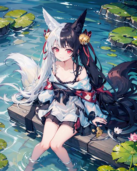 1girl,solo,fox_ears,alicemanareturn, <lora:AliceManaV1:1>,
light smile, ;3,sitting,water,river,barefoot,from_above,white shirt,black bow,lotus, leaf,depth of field, bare shoulders,