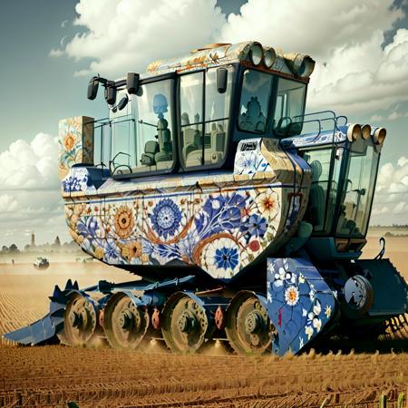 <lora:AzulejoAI:1>, AzulejoAI combine harvester on field