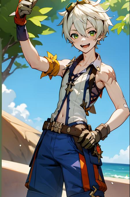 benny, solo, looking at viewer, smile, open mouth, gloves, 1boy, navel, male focus, shorts, teeth, sleeveless, belt, hand on hip, scar, goggles, blue shorts, goggles on head, bandaid on face, vision (genshin impact), bandaid on nose, scar on arm, bandaid on arm, outdoors, sky, trees,