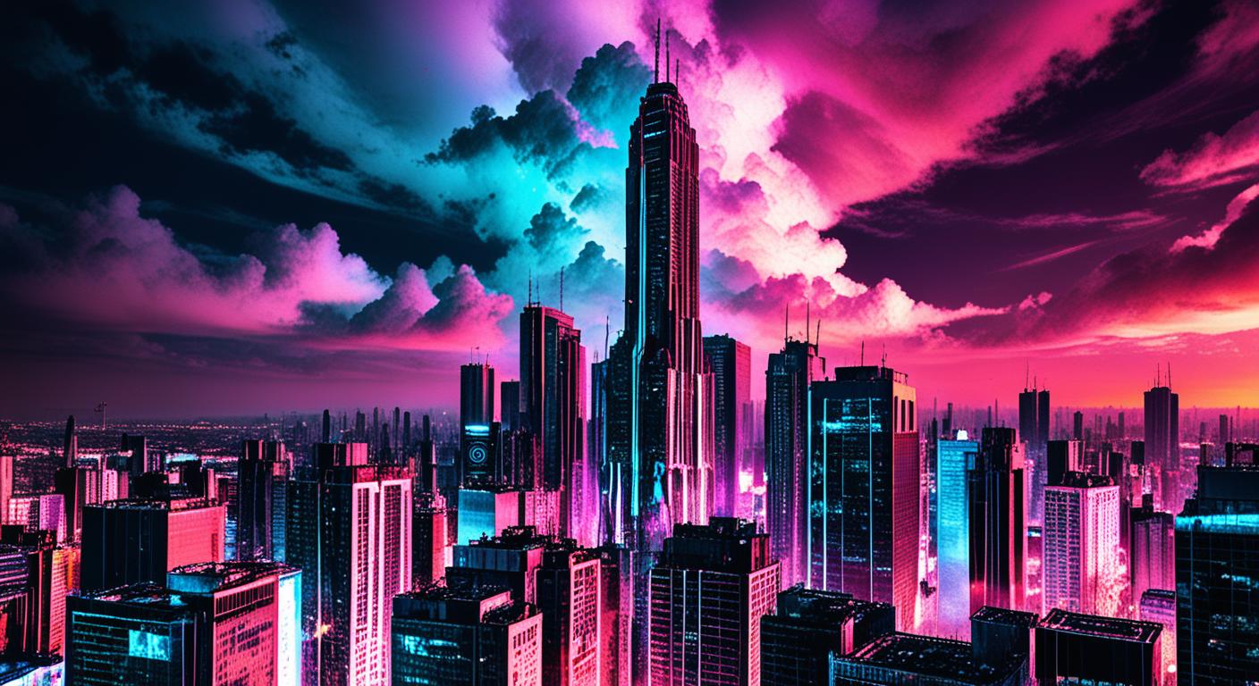 artistic photograph of a night city panorama, detailed picture, futuristic skyline, vibrant colors, dramatic clouds, 