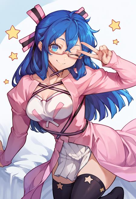 midoridesu, blue eyes, blue hair, long hair, glasses, hair ribbon pink dress, thighhighs, long sleeves, gloves