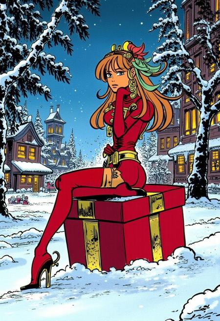Illustration by Jean-Claude Mézières of a very tired girl, christmas, she is in red stockings with stilettos sitting in the middle of snowy street on a huge big christmas gift box, snowdrifts, snow falling, colorful, fashion style