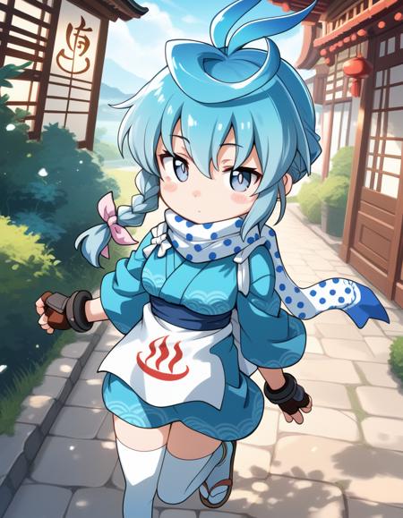 fubuki_j_kisaragi,  blue hair, blue eyes, single braid, antenna hair, chibi, scarf, japanese clothes, kimono, blush stickers, fingerless gloves, apron, zettai ryouiki, white thighhighs, sandals, 