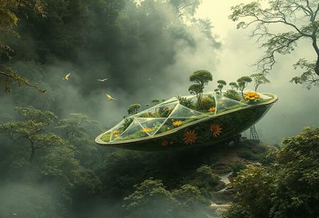 In a speculative drawing collage style, a biotech simbiogenetics bank micro ecotone is depicted as a sleek, fractal-like structure embedded within a lush, humid fog-filled environment. The compact symbiotic design, grounded in amphibious principles, features inflatable deployable structures that disperse seeds, vegetation buds, nutrients, and pollinators through various methods including ballistic, wind, and water. This intricate system is seamlessly integrated with atmospheric rivers, connecting the Amazonia Forest to the Chingaza Paramo, showcasing the interconnectedness of regional ecosystems in a highly detailed, wide background.