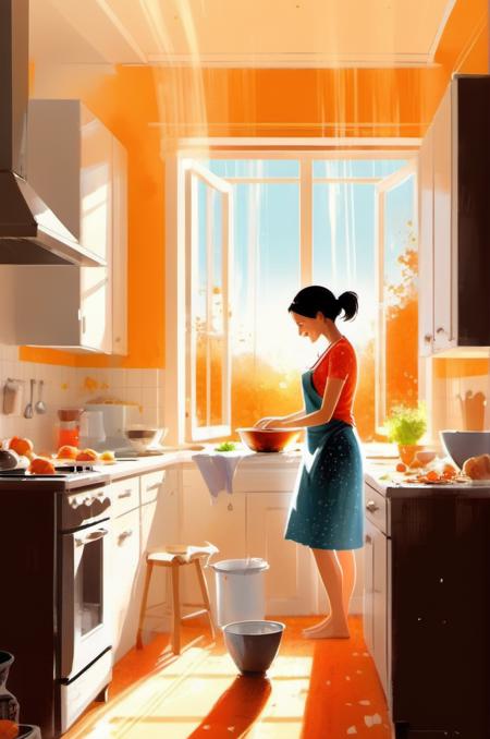 <lora:Pascal Campion Style:1>Pascal Campion Style , A highly detailed mother in her kitchen preparing meal, window sunny day, happy, smiling,