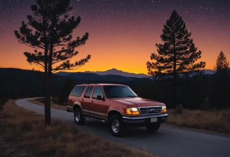 pick up truck, motor vehicle, no humans, tree, sky, outdoors, star \(sky\), road, scenery, night, vehicle focus, sunset, starry sky, orange sky, night sky, star \(symbol\), evening, gradient sky, twilight, nature, pine tree, forest, dusk, bush, mountain, cloud, grass, mountainous horizon, shadow, red sky, plant, (1996 Ford Explorer)