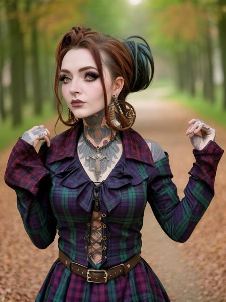 medium closeup, m0rg1n, boho [[steampunk]], hair up, blue-green-plaid  tartan, <lora:m0rg1n_v1:0.8><lora:bgp_v1:0.8>