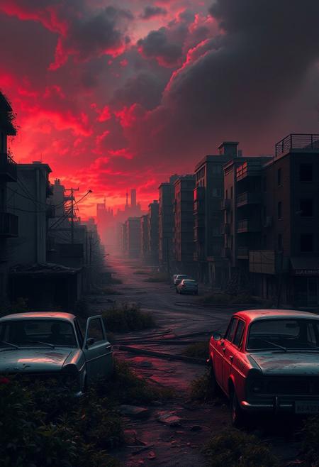 A desolate urban landscape during a zombie apocalypse, overgrown with vegetation, abandoned cars, and crumbling buildings, dramatic lighting with a blood-red sky, high detail, cinematic composition, digital painting, inspired by the works of Simon Stålenhag and Ian Holmer, 8k resolution, hyperrealistic atmosphere, intense survival scene with zombies lurking in the shadows