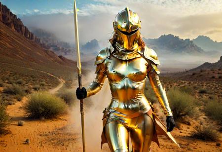 1girl, sun priestress, golden latex suit, gold latex hood, long golden spear, walking in the desert, wielding a javelin,
(foggy background, epic realistic, rutkowski, hdr, intricate details, hyperdetailed, cinematic, rim light, muted colors:1.2)