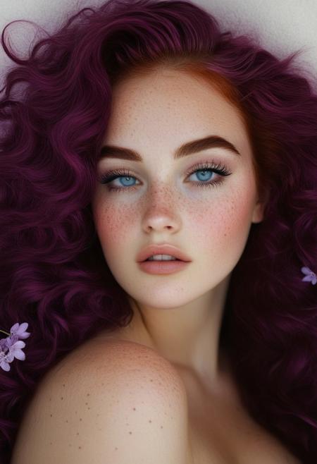 This is a high-resolution, highly detailed photograph of a young woman with an ethereal, dreamy quality. She has light, creamy skin and striking, piercing blue eyes that are wide open, gazing directly at the camera. Her face is covered in tiny, sparkling snow specks, likely a makeup effect, which adds a magical, otherworldly glow to her appearance. Her skin is dotted with freckles, particularly prominent on her nose and cheeks. 
Her long, wavy hair is a vibrant, neon purple, cascading down her shoulders, and adored with tiny lilac blossoms blending into her surroundings.rockabilly style, 1girl, freckles, solo, flower, looking at viewer, pink hair, pink flower, long hair, eyelashes, portrait, 1950's