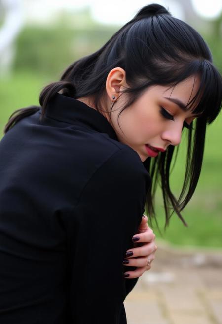 black hair, small breasts, bent over, outdoors, shirt, closed eyes, nail polish, ponytail
all fours, blurry,makeup,piercing,teeth,looking back,mole on ass, back,open mouth,