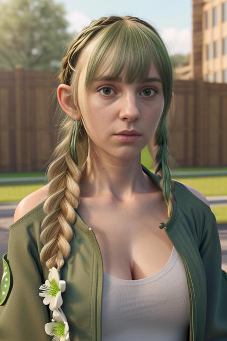 raw, photo, 2 women,((3d style,3d render,cg)),beautiful, white hair, long braid, brown eyes, flower on the neck, Sexy transparent  clothes, cute gloves,((( animal focus, bangs, bare shoulders, beard, braid, collarbone, drawstring, flower, green jacket, green shirt, hair ornament, looking at viewer, medium breasts, realistic, school uniform, shirt, two-tone hair))),nsfw