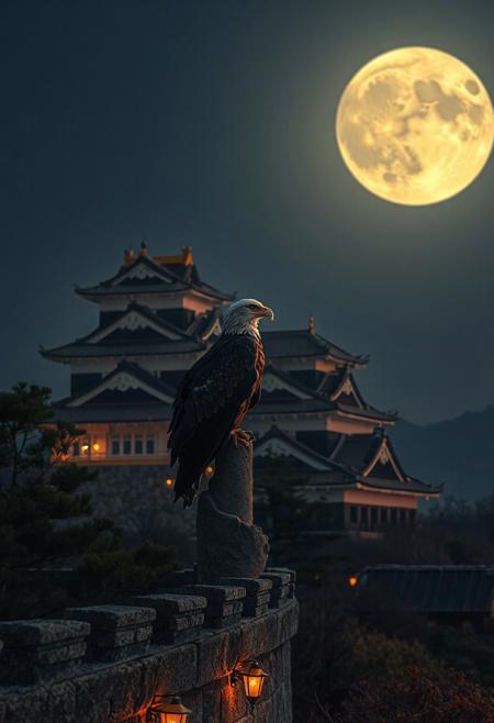 (Soft Lighting Photography by Mimoza Veliu and Mario Giacomelli:1.2), NSFW,  an eagle sitting high on a Japanese castle wall.  The background is of a Japanese castle, full moon, laterns, japanese garden.