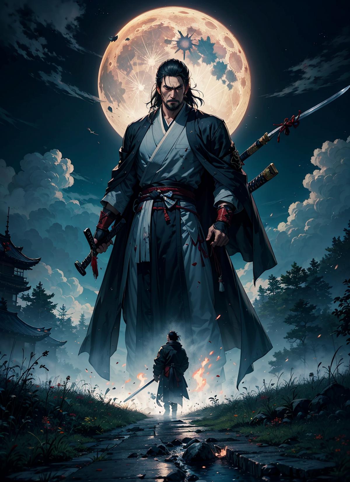 Samurai with swords standing on top of a hill at night, under a full moon.