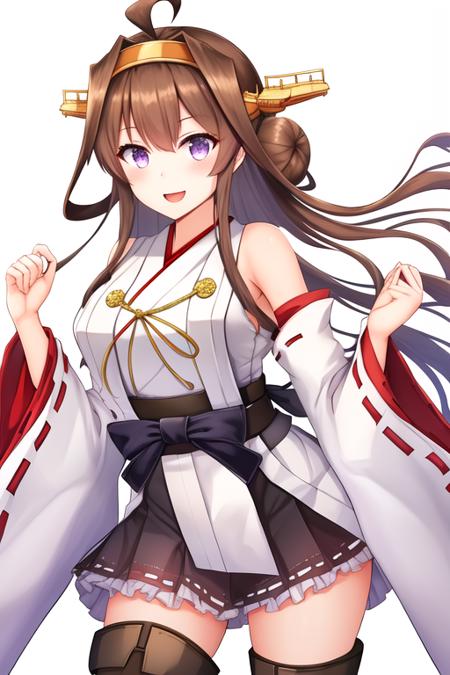 masterpiece, best quality, highres, solo, {kongou_kantaicollection:1.10}, brown_hair, long_hair, ahoge, hairband, hair_bun, double_bun, headgear, nontraditional_miko, smile, purple_eyes, open_mouth, 1girl, boots, detached_sleeves, hakama, hakama_skirt, japanese_clothes, ribbon-trimmed_sleeves, ribbon_trim, skirt, thigh_boots, thighhighs, black_skirt, hakama_short_skirt, looking_at_viewer, simple_background, white_background, bare_shoulders, breasts, frills