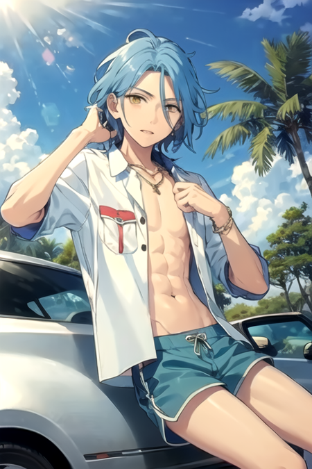 <lora:HiMERU:0.7> , himeru, solo, looking at viewer, shirt, 1boy, navel, jewelry, sitting, blue hair, yellow eyes, braid, male focus, outdoors, parted lips, open clothes, sky, shorts, day, cloud, necklace, bracelet, tree, blue sky, open shirt, sunglasses, ground vehicle, motor vehicle, blue shorts, sign, palm tree, car, male swimwear, road sign, swim trunks, hawaiian shirt