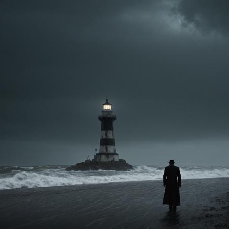 In this dramatic action shot, a gothic and Lovecraftian lighthouse stands at the end of a stormy beach. The eldritch scene is shrouded in wind and rain, creating a cinematic atmosphere. Edge lighting accentuates the lighthouse's eerie silhouette, captured with the Canon EOS 5D Mark IV, adding a sense of foreboding to the scene.