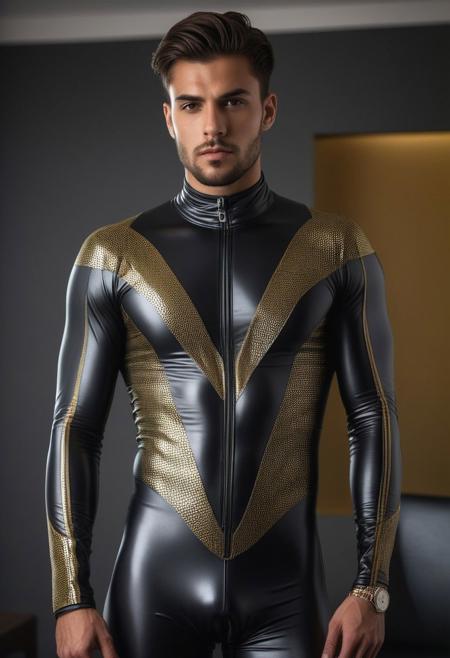 two strong 24-year-old italian hunk males, with a side fringe curtains hairstyle, detailed face, confused expressions, wearing a skin tight black latex suits with gold and gray latex details, standing at attention posture, fullbody shot, on a modern living room, looking to the camera, detailed face, professional photography, shot on sony a 7RIII , looking to the camera,  detailed skin face and eyes, natural lighting ,  film grain, low contrast, natural face,  dark circles under eyes