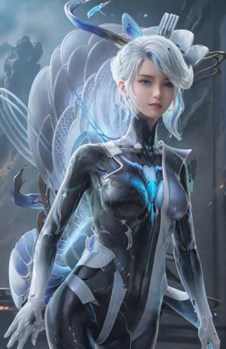 (1girl),masterpiece,best quality,<lora:JialuoLoraXL:0.8>,blue eyes,bodysuit,short white hair,slight smile,