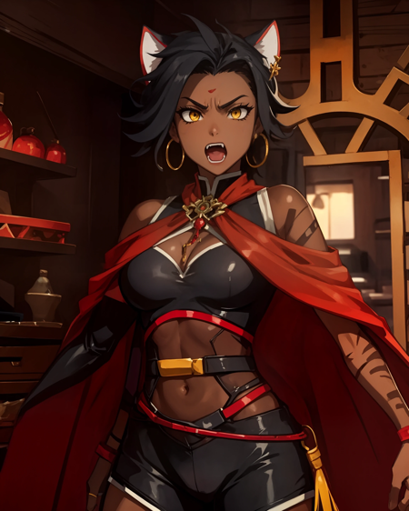 SiennaKhan short hair, black hair, animal ears, yellow eyes,cat ears, dark skin, dark-skinned female gloves, jewelry, earrings, cape, facial mark, cleavage cutout, hoop earrings