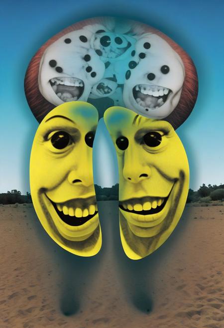 a human bending over to express an enormous acid smiley face superimposed on each buttock, double exposure photography technique, post processing, bohemian, Avant-garde surrealism, abstract dadism, absolutely mental image, x-ray, deconstructed faces, surreal, mixed media, collage, avant-garde, punk style