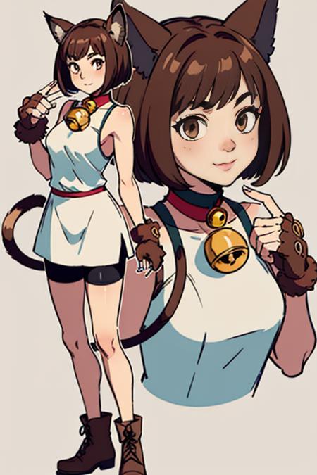 Xiao, cat ears,short hair, brown hair,cat tail, brown eyes,animal hands ,Xattire ,white dress, bike shorts, neck bell,brown footwear,sleeveless,fingerless gloves, standing
(insanely detailed, beautiful detailed face, masterpiece, best quality) <lora:Xiao-09:0.7>