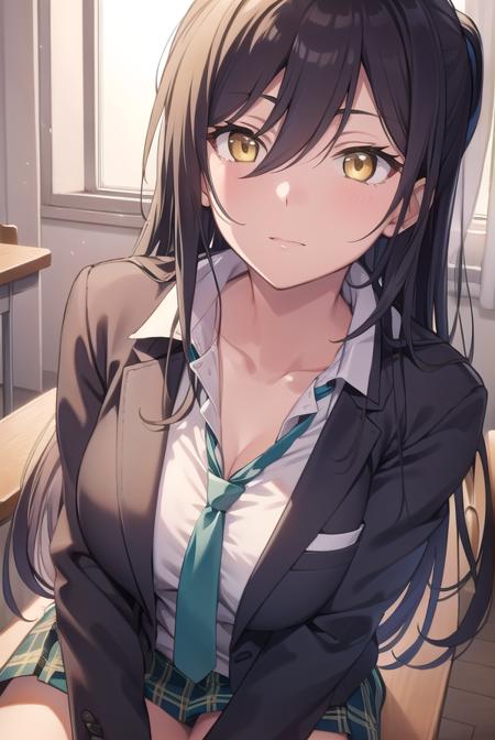 sakuyashirase, <lyco:sakuyashirase-lyco-nochekaiser:1>,
sakuya shirase, black hair, hair between eyes, long hair, ponytail, (yellow eyes:1.5),
BREAK collarbone, green necktie, green skirt, necktie, open collar, plaid, plaid skirt, pleated skirt, school uniform, shirt, skirt, white shirt,
BREAK looking at viewer, full body,
BREAK indoors, classroom,
BREAK <lyco:GoodHands-beta2:1>, (masterpiece:1.2), best quality, high resolution, unity 8k wallpaper, (illustration:0.8), (beautiful detailed eyes:1.6), extremely detailed face, perfect lighting, extremely detailed CG, (perfect hands, perfect anatomy),