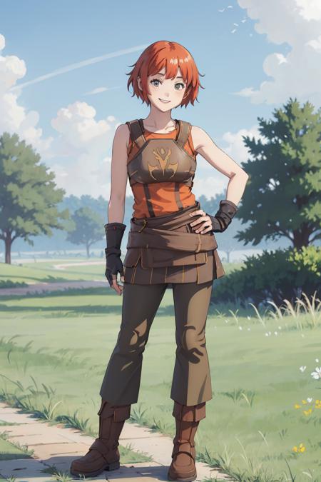 (masterpiece,best quality:1.2),dorothyfe6,1girl,solo,full body,standing,facing viewer,outdoors,in medieval field,tank top,breastplate,sleeveless,fingerless gloves,pants,boots,smiling <lora:DorothyFE6-11:0.8>