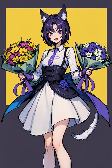 (no one: 1.5), ( ragdoll anthropomorphic: 1.5), single, wolf tail, wolf ears, purple eyes, open mouth, simple background, smiling, standing, looking at viewer, holding a bouquet of flowers,
 <lora:CarolV3.5:0.7>