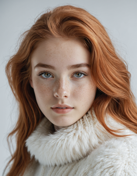 young ginger woman in white furry sweater, (worlds most beautiful face), portrait, ultra realistic cinematic photo, natural lighting, soft shadows, shallow depth of field, high detail, sharp focus, 50mm photography, realistic skin texture, accurate anatomy, lifelike expression, natural environment, clean background, highly detailed textures in clothing, hair, and lighting