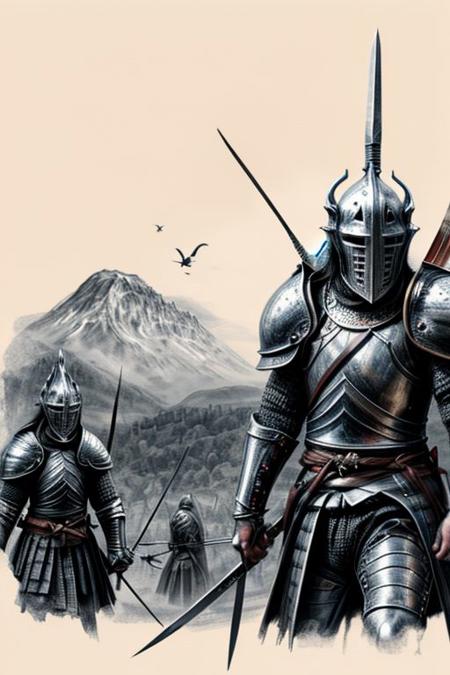 Pencil sketch, intricately detailed, rich shadows, highest resolution, highest quality, 8k UHD, 
best perfect realistic HD ultra HD 4k clear and detailed image, battle knights with a large and fearful fire dragon, nearby castle, weapons swords, crossbows, bows, detailed visualizations of knights, dragon and landscape, detailed depiction of their faces and weapons and armor, and o ...