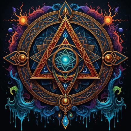 Finely detailed vector illustration. occult symbols, symbols of power, ultra realistic quality, interwoven pattern, dark gradient background, hyperdetailed, intricately detailed,  triadic colors,fantastical,intricate detail,splash screen,complementary colors, fantasy concept art, 8k resolution, masterpiece, oil painting, thick strokes, paint dripping, vapors, glow