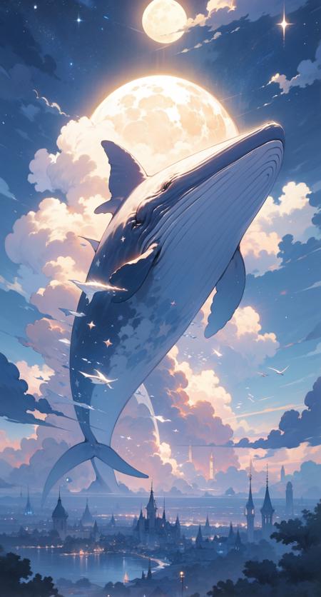 humpback, cloud,(building), sky, moon, star (sky), scenery, no humans, starry sky, night, fish, night sky, full moon, cloudy sky, outdoors, fantasy<lora:humpback-pynoise:0.8>