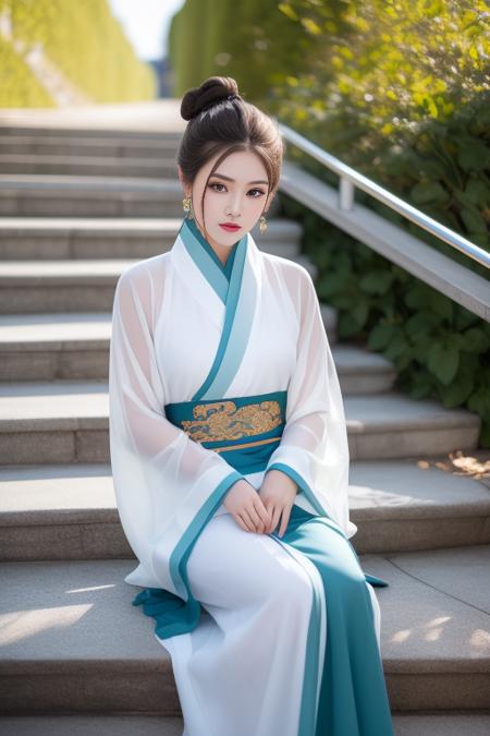 ltra-detailed,highly detailed,best quality,masterpiece,illustration,realistic,photorealistic,
1girl, solo, 
hanfu-quju, hanfu, chinese clothes, chinese traditional clothes, long sleeves, wide sleeves,  sash, 
earrings, jewelry, 
very long hair, hair bun, parted bangs, 
looking at viewer, cowboy shot,sitting, feet out of frame, 
outdoors, photo background, stairs, day, tree, 
 <lora:hanfu quju_v1_01:0.6>