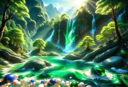 vibrant colors, shiny_skin, prefect lighting, detailed image, snoozing, masterpiece, best quality, highly detailed, ultra quality, 
hkmagic, sparkling glitter and crystals, glowing emerald light waves, in a fantasy art style, 
trees made of marbles, 
forest, rocks, waterfall, mountain, river, day, sunlight,
