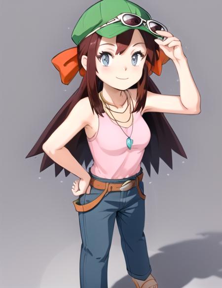 <lora:Melody:0.7> Melody, 1girl, solo, breasts, looking at viewer, smile, simple background, shirt, hat, white background, holding, jewelry, closed mouth, standing, collarbone, full body, sleeveless, belt, pants, hand up, necklace, bag, arm up, hand on hip, grey eyes, bare arms, eyelashes, sleeveless shirt, toes, sandals, sunglasses, pink shirt, green headwear, blue pants, holding eyewear