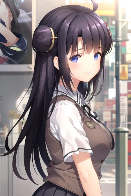 Wen Zhi ahoge,very long hair,black hair,hair ornament,single hair bun,single side bun,bangs,blue eyes brown vest,neck ribbon,black ribbon,collared shirt,white shirt,short sleeves,large breasts,miniskirt,black skirt,pleated skirt,zettai ryouiki,black thighhighs,loafers