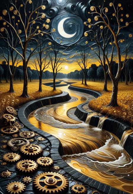 g3ars, 8k, Raw digital photo, ipressive art work,natural lighting, surreal golden landscape in Van Gogh's swirling (thick brushstrokes: 1.5), twisted black night sky, river made of water drop, drops with distorted reflections of white crescent moon, made out of gears, twisted water drop trees, cracked ground, (thick impasto oil textures: 1.5), no people, positive atmosphere, post-impressionist nightscene, emotional intensity, 4K, detailed, full body, masterpiece, best quality, amazing quality, very aesthetic, made out of gears, professional, 4k, highly detailed, dark background, made out of gears,
lazypos