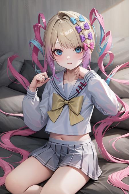 <lora:è¶å¤©:0.8:lbw=char>,chaotian,multicolored hair,pink hair,blue hair,bow,quad tails,hair bow,long hair,blue eyes,bangs,school uniform,sailor collar,serafuku,blonde hair,twintails,long sleeves,blue bow,shirt,purple bow,, 1girl,
,  (masterpiece,best quality:1.2),absurdres