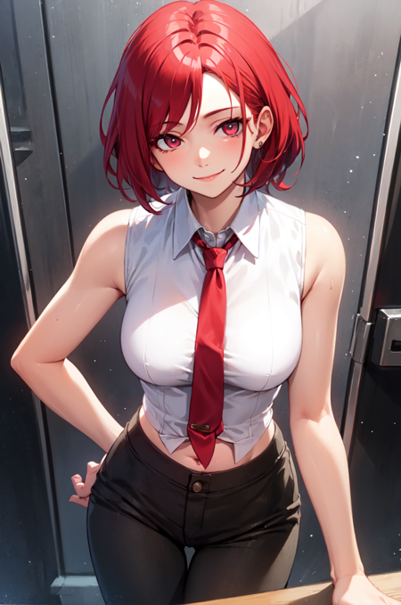 kofVanessa, red hair, short hair cropped shirt, white shirt, tie, pants, navel