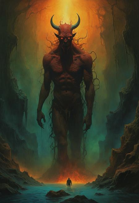 digital artwork by Beksinski, vibrant colors, epiCPhoto, masterpiece, retro style, 
A legacy of evil,
Overflows like a dark river,
Carries the fear,
Carries the call of hell,
The secret power,
Brings the day of the demon's fight closer,
A poisoned sound,
Makes the devil's flute,