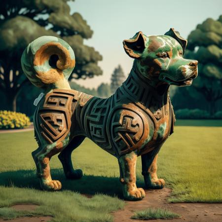 a (bronzecd) dog, standing on lawn, (solo:1.2), <lora:bronzecd-000010:0.9>, no humans, high quality, masterpiece, realistic, photorealistic, (outdoors, lawn)