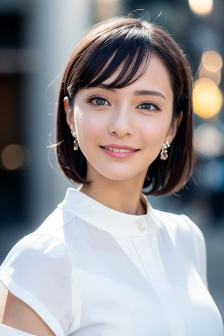 1girl,(wearing a white blouse:1.4),(RAW photo, best quality), (realistic, photo-realistic:1.4), masterpiece, an extremely delicate and beautiful, extremely detailed, 2k wallpaper, Amazing, finely detail, extremely detailed CG unity 8k wallpaper, ultra-detailed, highres, soft light, beautiful detailed girl, extremely detailed eyes and face, beautiful detailed nose, beautiful detailed eyes,cinematic lighting,city lights at night,perfect anatomy,slender body,(smiling)