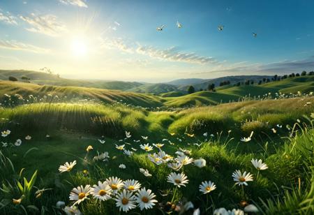 A peaceful grassy field under bright blue skies, golden sunlight streaming down, scattered daisies and butterflies creating a playful vibe, a gentle breeze rustling through the grass, serene and calming ambiance, inviting nature scene with rolling hills in the background, balanced composition, 8k,